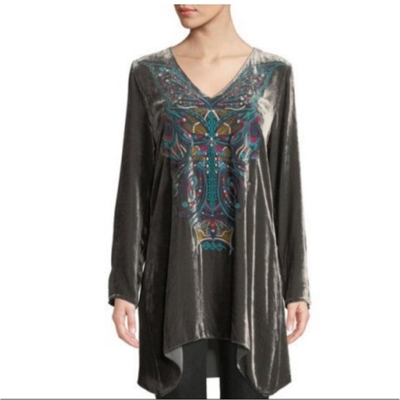 Johnny Was Tops - Johnny Was Aurelia Velvet Embroidered Tunic Gray Small Oversized